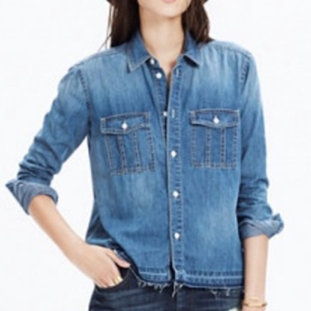 Madewell chambray raw edge button up shirt